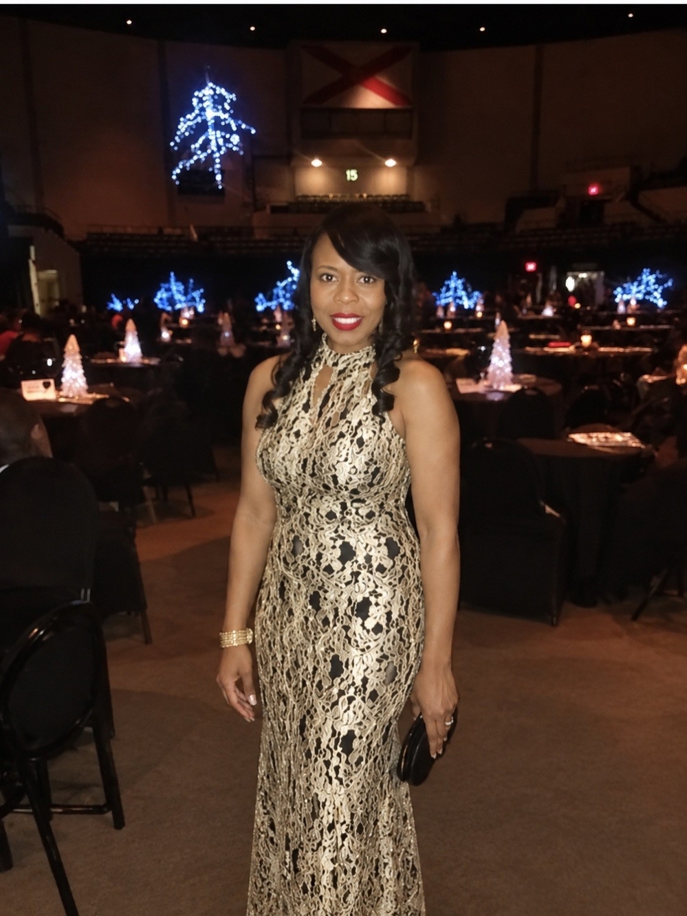 R&M Richards Gold and Black Lace Halter Maxi Gown